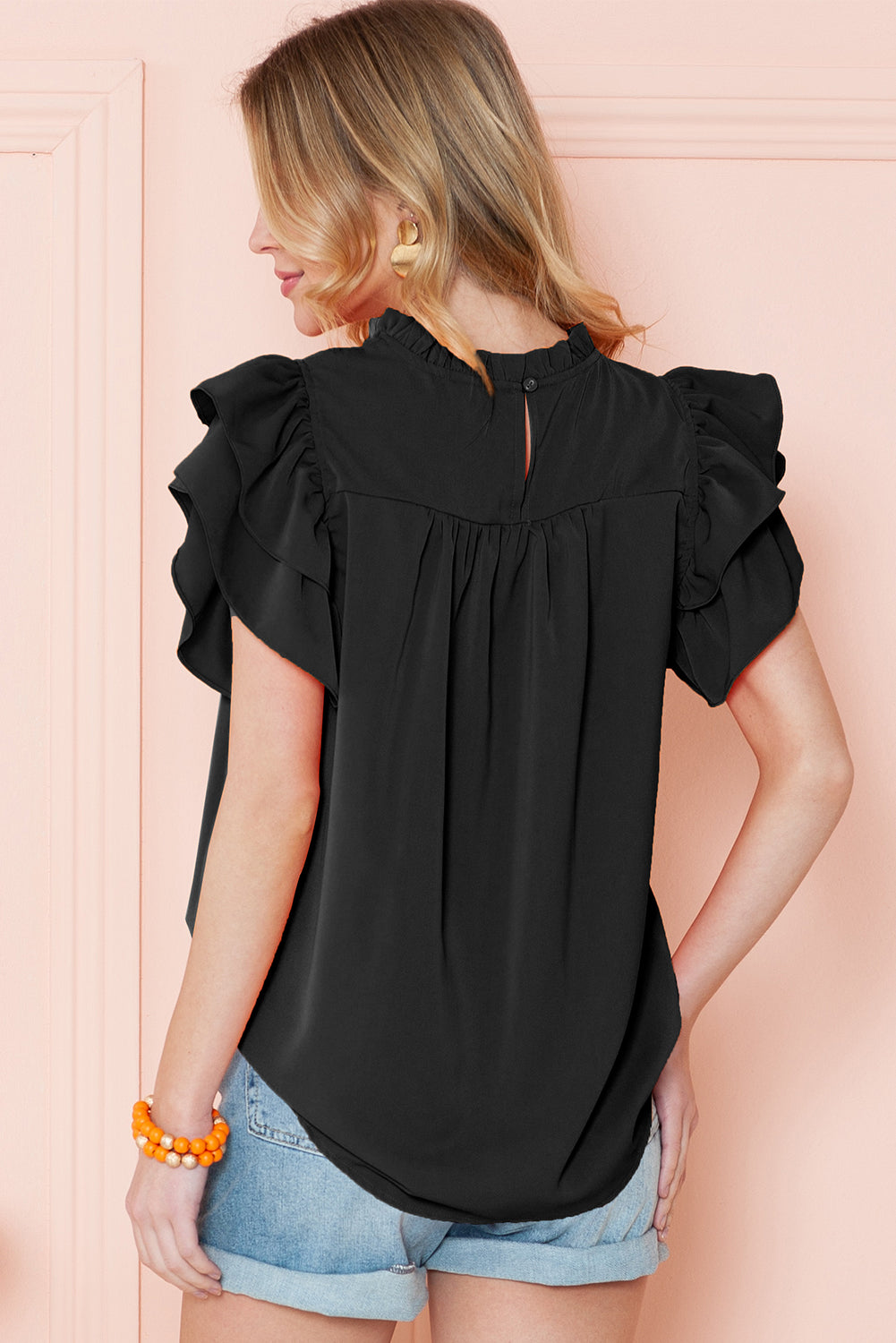 Grapefruit Orange Ruched Frilled Neck Ruffle Blouse - Eloy Royal