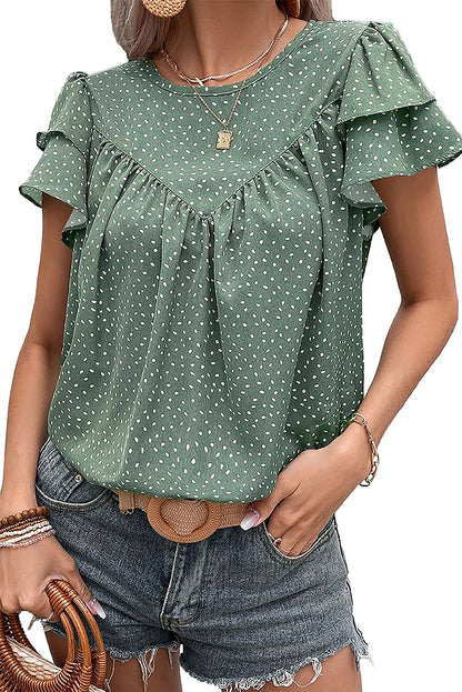 Laurel Green Spotted Print Pleated Ruffle Sleeve Blouse - Eloy Royal