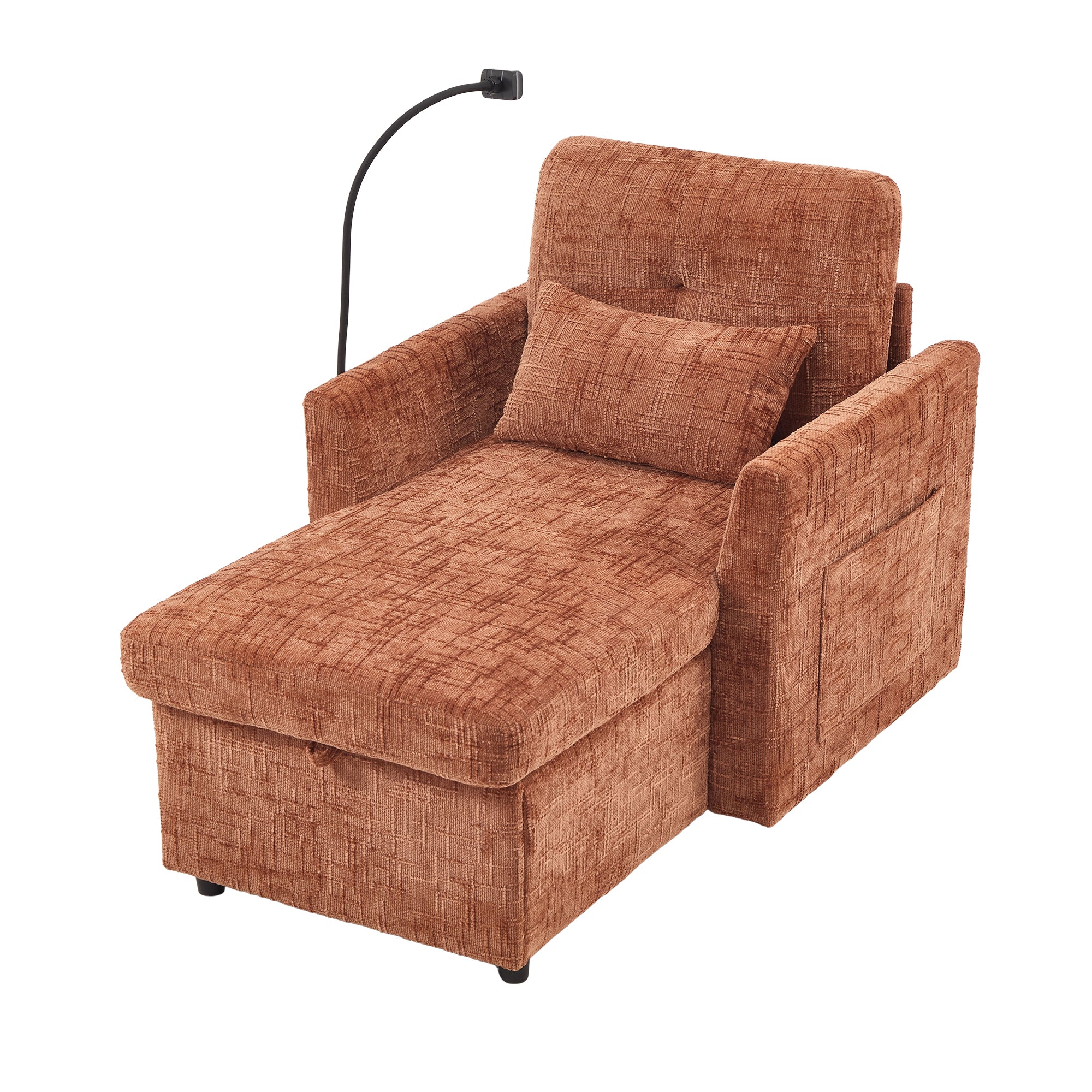 Multifunctional Chenille Recliner Sofa with Storage and Phone Bracket for Living Room or Bedroom in Orange
