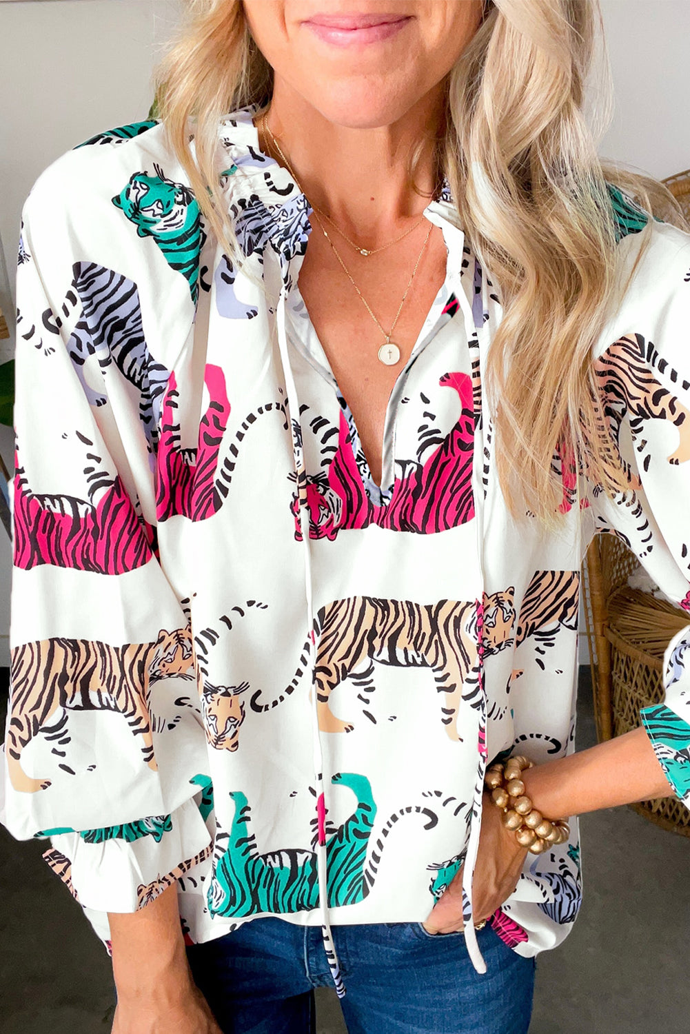 White Colorful Tiger Print Lantern Sleeve Blouse - Eloy Royal