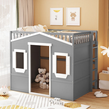 Full Size House Loft Bed With Ladder-Gray+White Frame(OLD SKU:LT000337AAN-1)