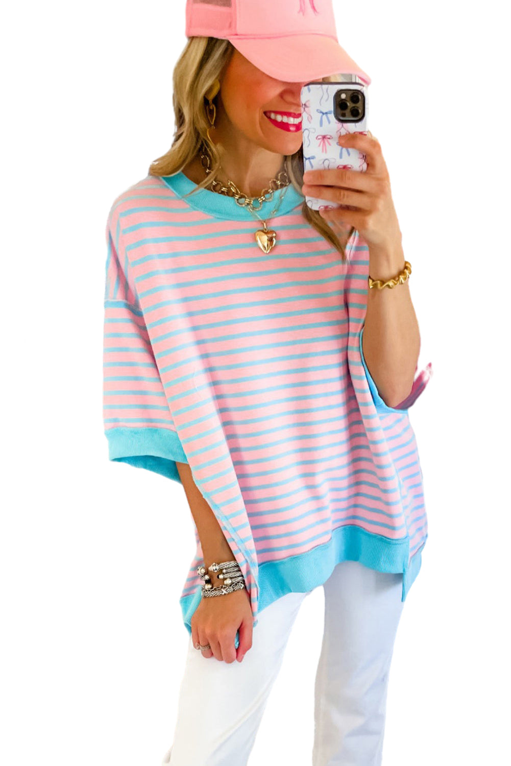 Pink Stripe Colorblock Drop Sleeve Loose Top - Eloy Royal