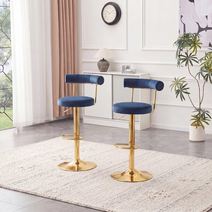 Soft Velvet Upholstered Swivel Adjustable Bar Chair with electroplated gold legs - Dining Room Living Room Bar Cafe Reception Desk Bar Stool(Dark Blue, Set of 2)