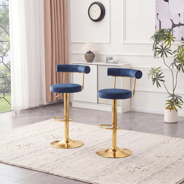 Soft Velvet Upholstered Swivel Adjustable Bar Chair with electroplated gold legs - Dining Room Living Room Bar Cafe Reception Desk Bar Stool(Dark Blue, Set of 2)