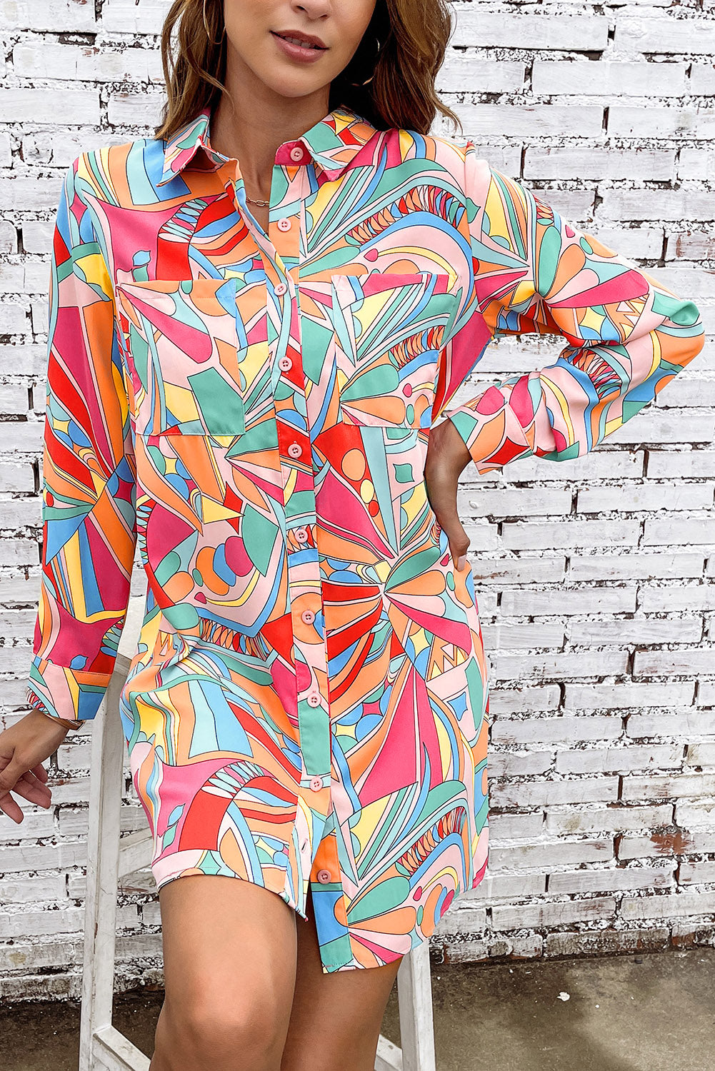 Multicolor Abstract Print Long Sleeve Shirt Dress - Eloy Royal