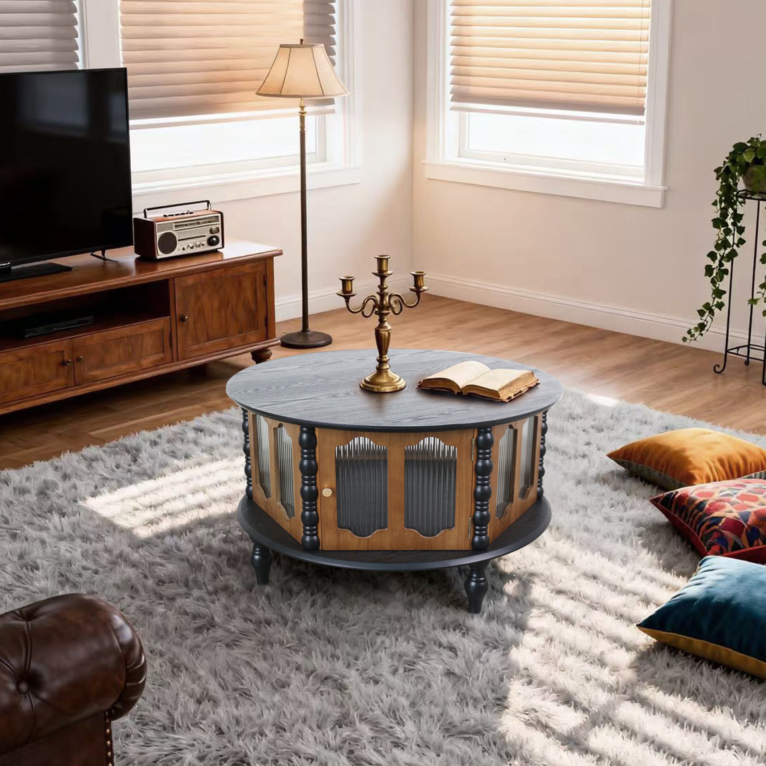 31.5-inch Round Three-Door Storage Coffee Table, Modern Real Wood Veneer Coffee Table, Suitable for Living Room, Apartment or Office, Ideal for Small Spaces, Black + Walnut Color