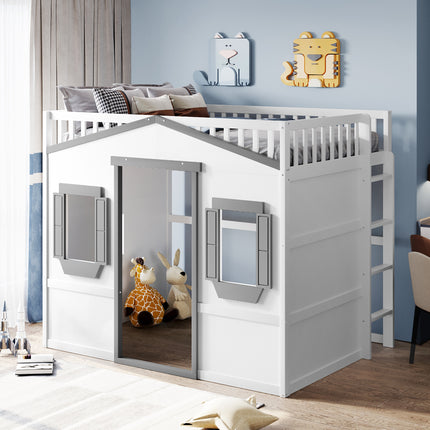 Full Size House Loft Bed With Ladder-White+Gray Frame(OLD SKU:LT000337AAM)