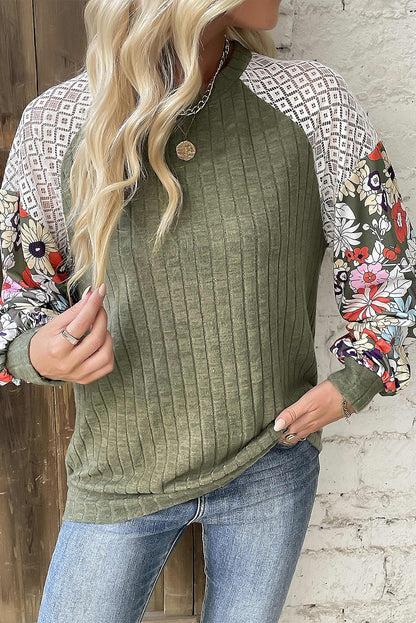 Laurel Green Floral Patchwork Raglan Sleeve Ribbed Blouse