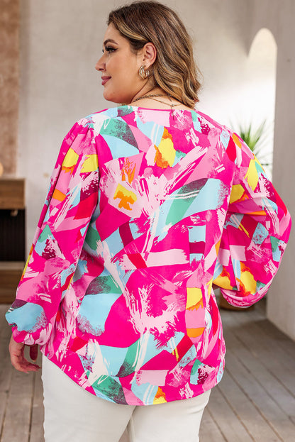 Pink Plus Size Graffiti Print Split Neck Puff Sleeve Blouse - Eloy Royal