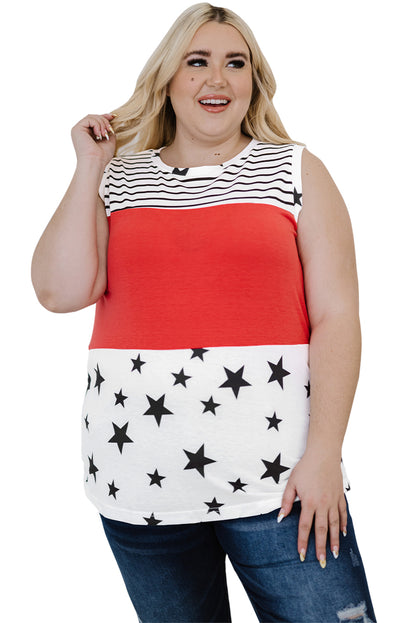 White & Red Stripes Stars Print Sleeveless Plus Size Top - Eloy Royal