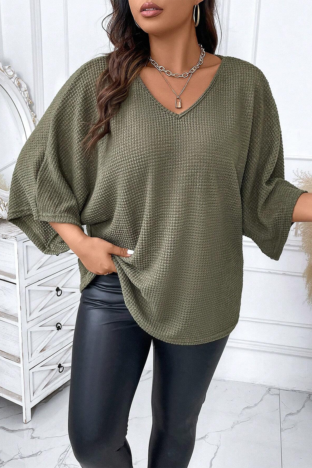 Jungle Green Plus Size V Neck Textured Knit Dolman Top - Eloy Royal