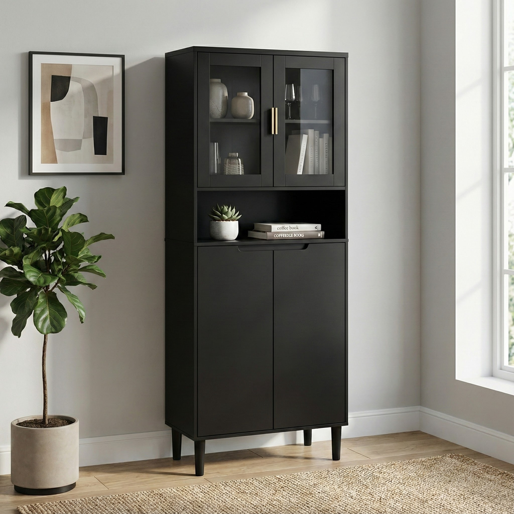 Tempered Glass Door Tall Storage Bookcase with adjustable board, 4 doors MDF painting finished cabinet, Black, Living room Bedroom storage