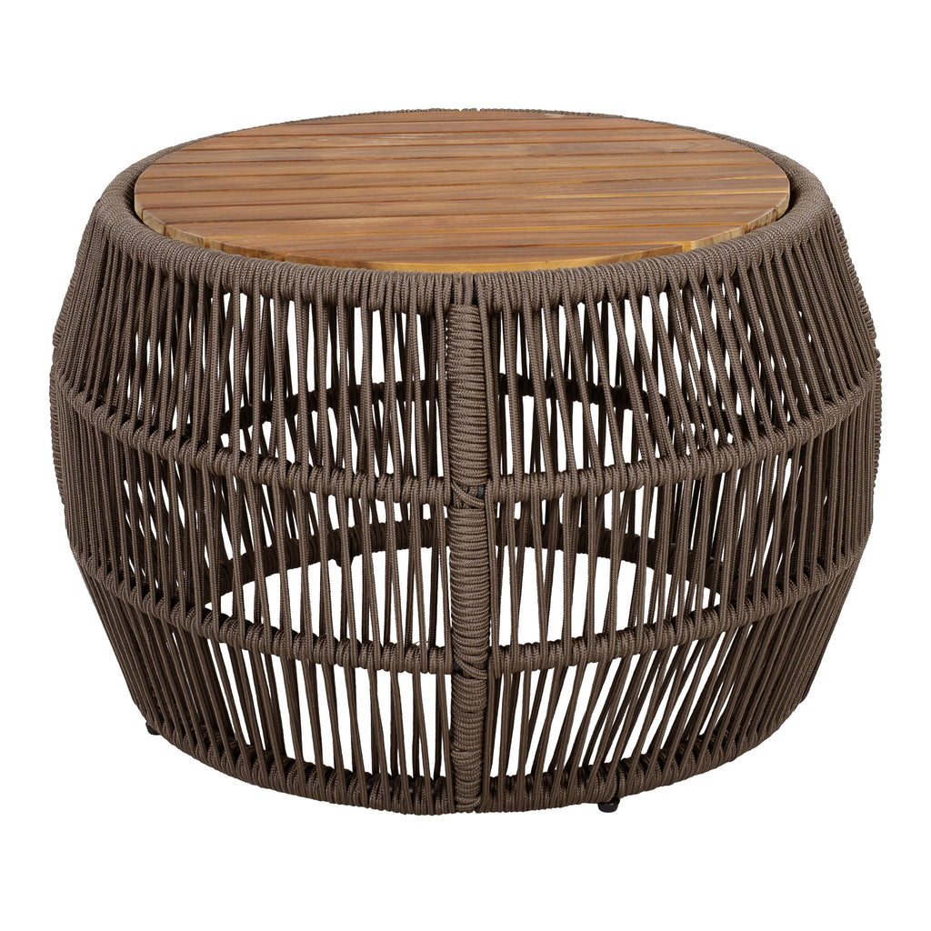Round Acacia Wood Side Table with Grey Rope Frame, Teak Finish Top, 150 lbs Capacity, No Assembly Required, Weather-Resistant Accent Table for Patio Backyard Living Room
