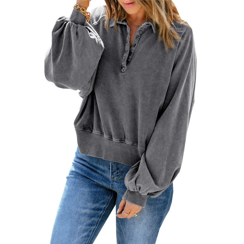 Ladies Loose V-Neck Button Solid Color Sweatshirt