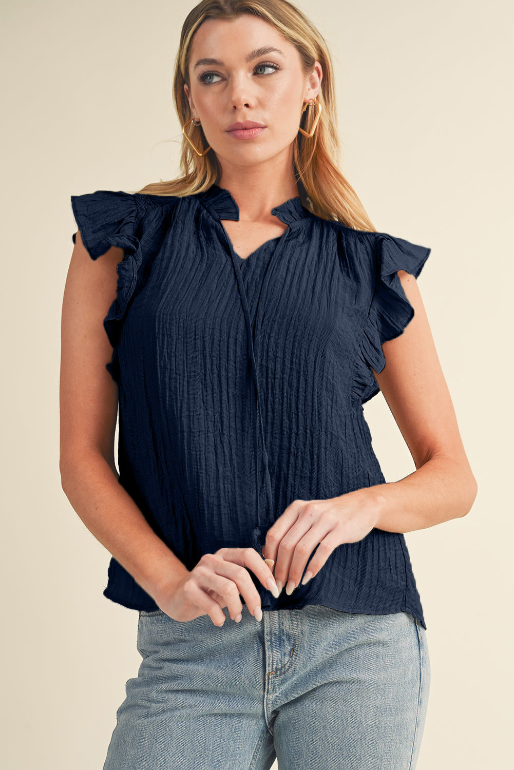 Navy Blue V Neck Flutter Shoulder Textured Blouse - Eloy Royal