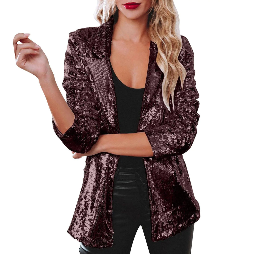 Mardi Gras Jackets for Women Sequin Blazer for Women Shimmer Jacket Casual Long Sleeve Glitter Party Shiny Lapel Coat Rave Lightweight Blazer Coat Z01-Wine XL