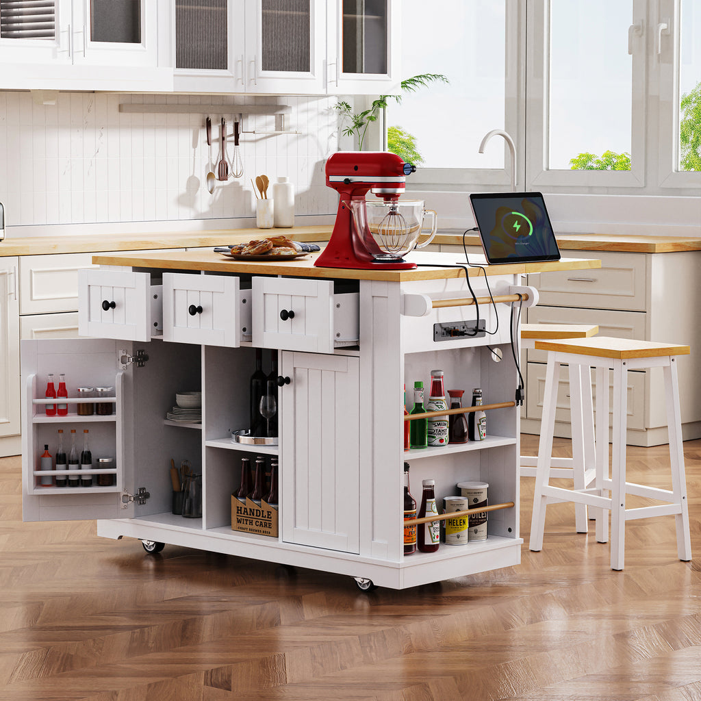 K&K 53inch Large Kitchen Island with 2 Bar Stools, Power Outlet,Door Internal Storage Rack, Kitchen Storage Cart on 5 Wheels with Drop Leaf, 5 Open Side Racks, 3 Drawers, for Kitchen,Dining Room,White