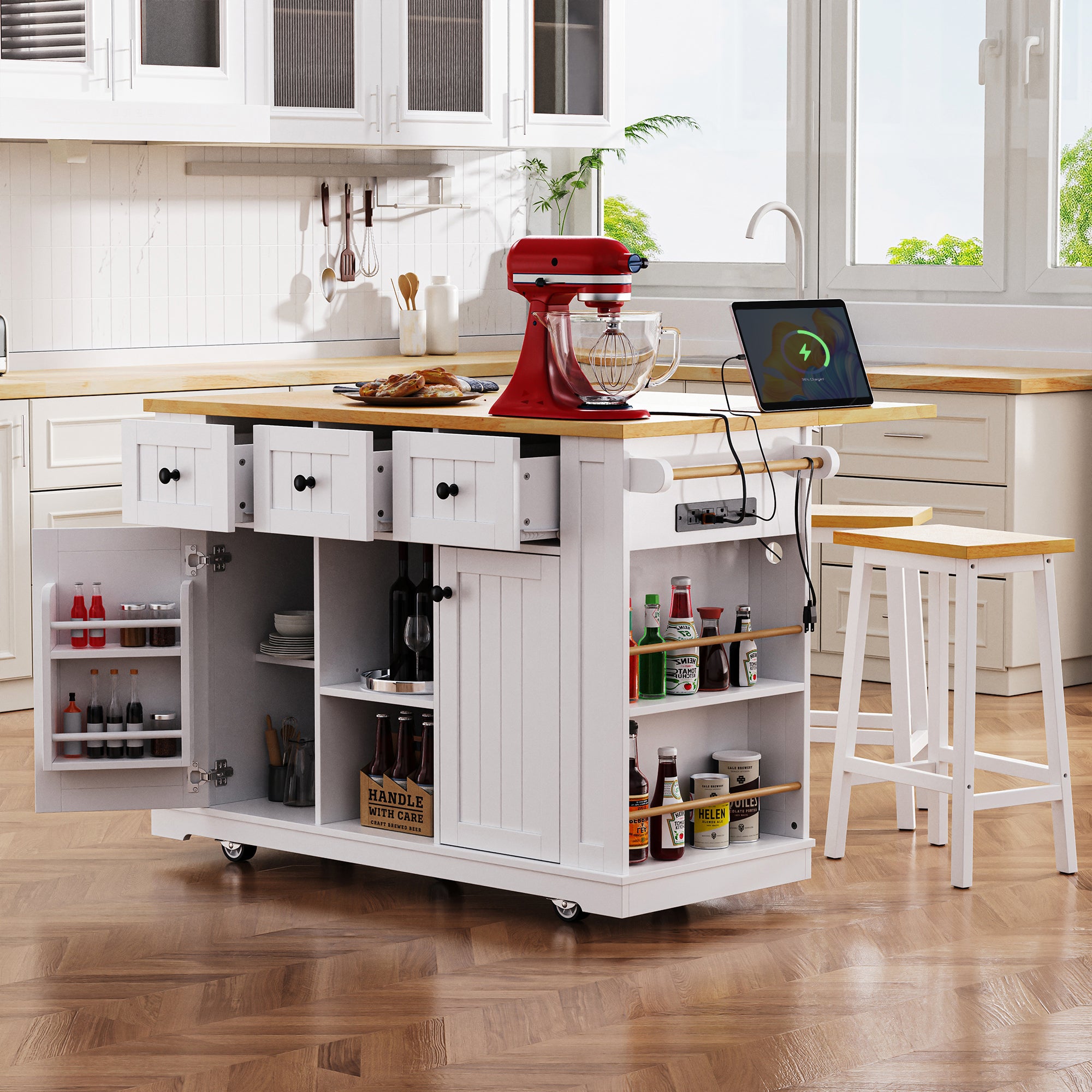 K&K 53inch Large Kitchen Island with 2 Bar Stools, Power Outlet,Door Internal Storage Rack, Kitchen Storage Cart on 5 Wheels with Drop Leaf, 5 Open Side Racks, 3 Drawers, for Kitchen,Dining Room,White
