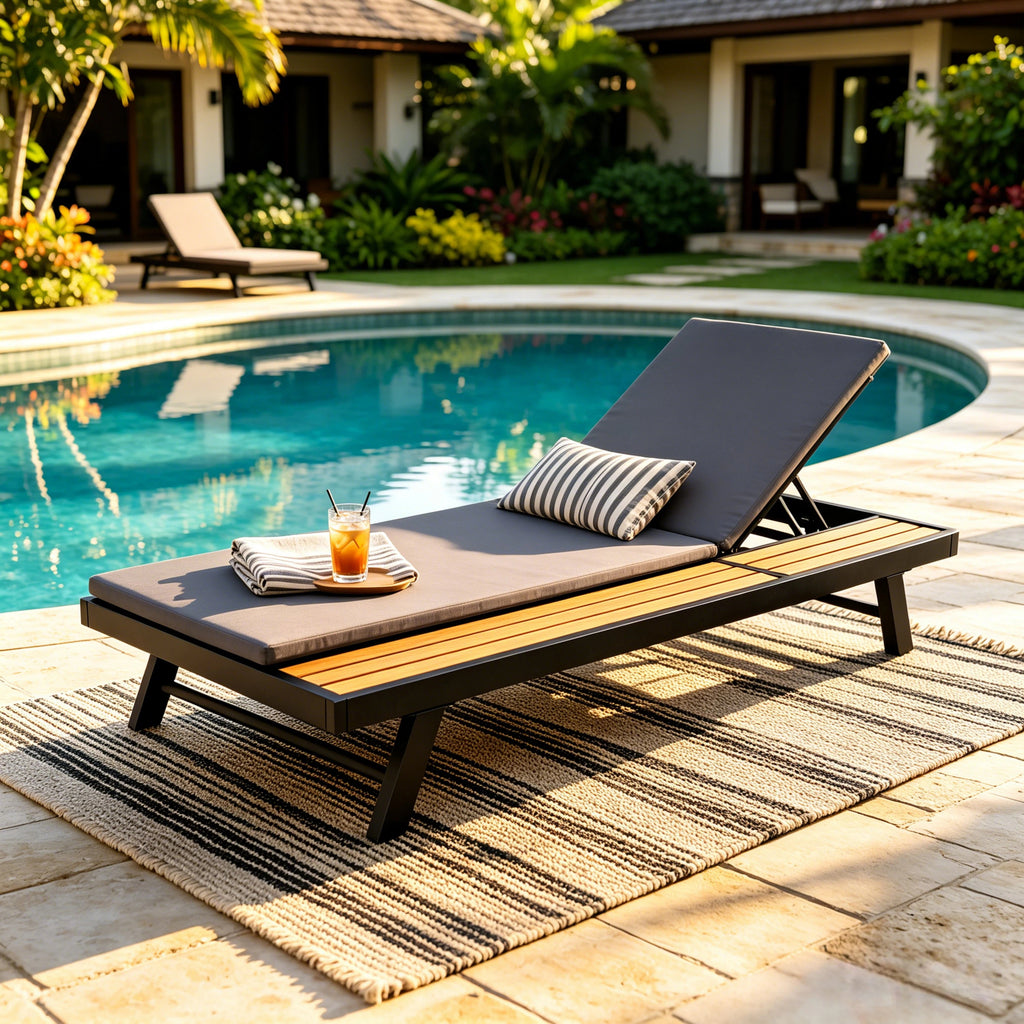 Black Iron + Teak Finish Outdoor Chaise Lounge Set with Dark Grey Cushion,  2' Thick 2-Fold Water-Resistant Cushion, Adjustable Backrest with Flat Storage Surface for Patio Poolside Backyard