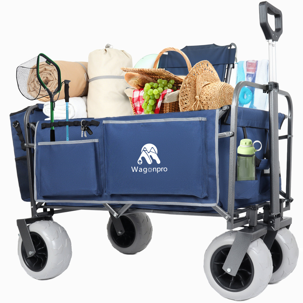 Beach Wagon with Big Wheels for Sand 500lbs capacity - Patented design, All Terrain Steel Frame Utility Cart with 9' Pneumatic Tires, Collapsible Folding Design ,strap with multiuse bag , dark blue