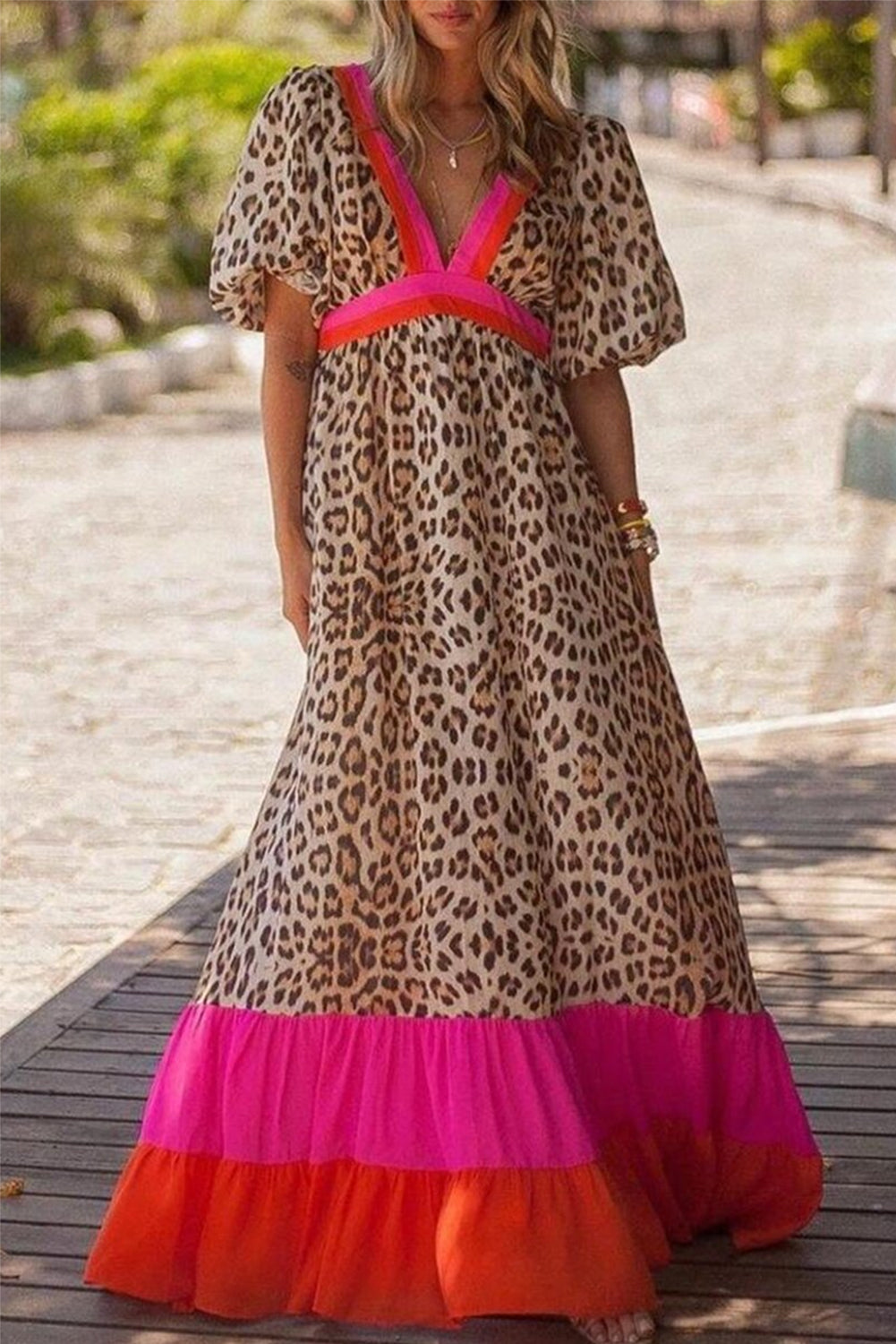 Bright Pink V-neck Leopard Print Colorblock Maxi Dress - Eloy Royal