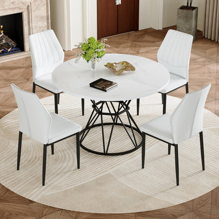 Table and Chair Set.A white MDF table with a diameter of 47.3 inches,black hourglass shaped metal brackets. Paired with 4 white PU Dining Chairs, 37 inches High, Ergonomic PU Backrest.
