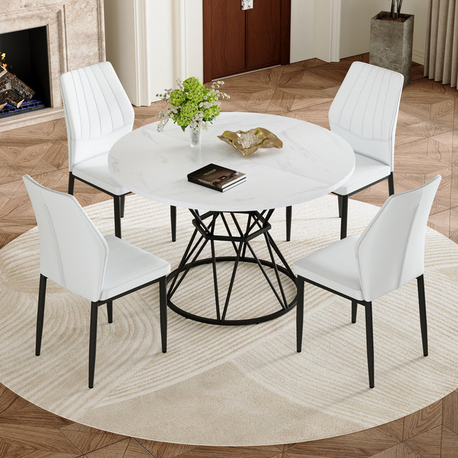 Table and Chair Set.A white MDF table with a diameter of 47.3 inches,black hourglass shaped metal brackets. Paired with 4 white PU Dining Chairs, 37 inches High, Ergonomic PU Backrest.