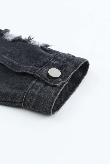 Black Casual Distressed Raw Hem Buttons Denim Jacket