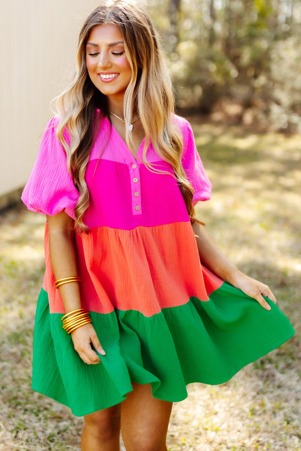 Multicolor Color Block Tiered Puff Sleeve Dress - Eloy Royal