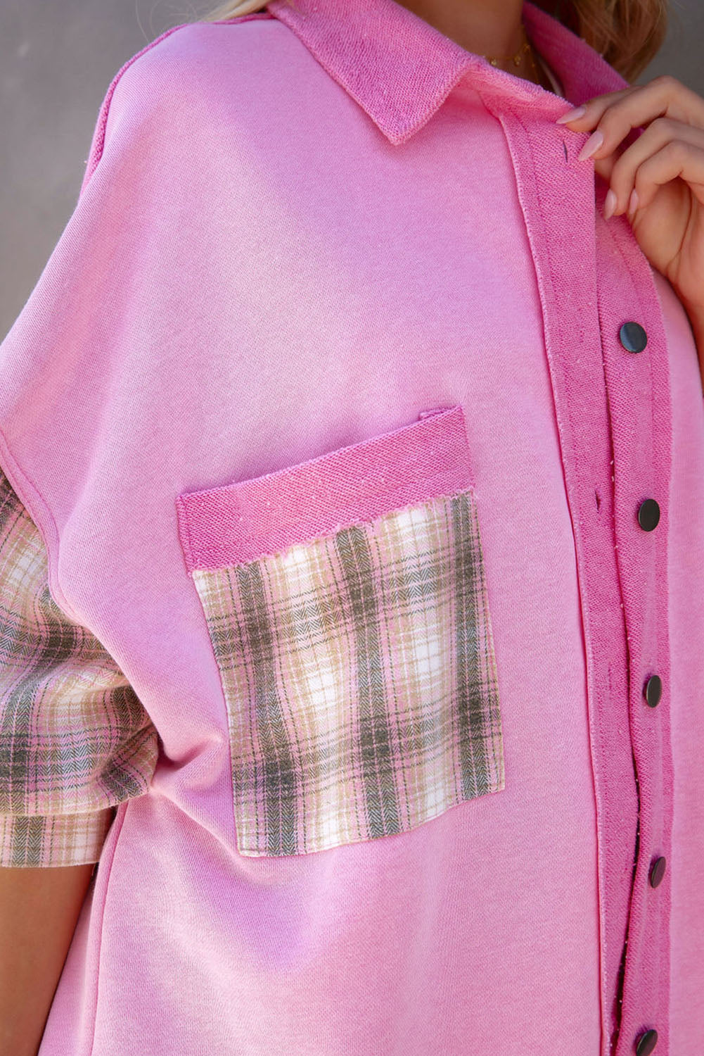 Rose Plaid Patchwork Chest Pockets Oversized Shirt Shacket - Eloy Royal