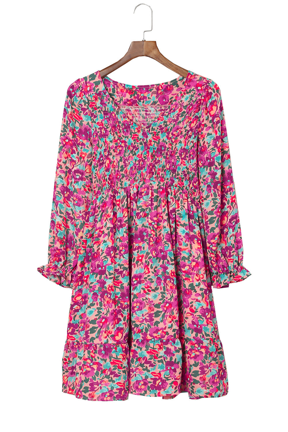 Purple Floral Print Long Sleeve Flounce Hem V Neck Smocked Dress - Eloy Royal