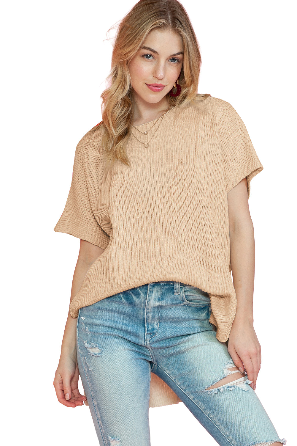 Wholesale Apricot Side Slit Short Sleeve Oversized Sweater - Eloy Royal