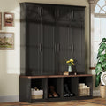 Farmhouse Hall Tree with 4 Hidden Hanging Hooks, Versatile Walnut Seating Bench with 8 Doors, Entryway Shoe Cabinet with Open Compartment for Living Room, Black (OLD SKU:N721S000059B)