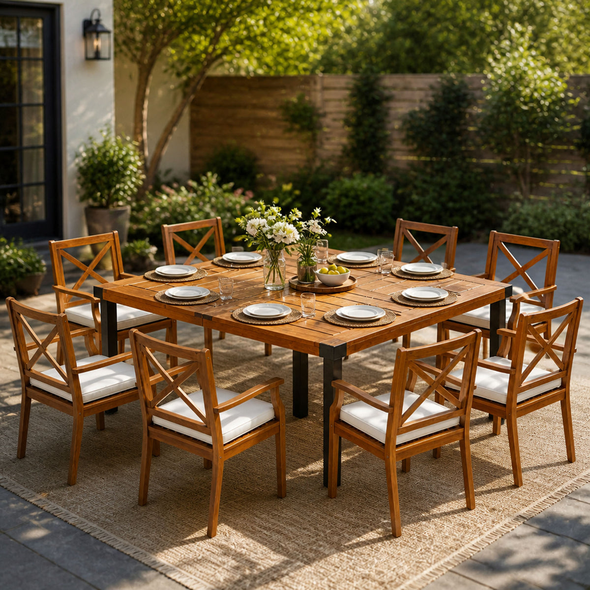 9‑Piece Acacia Wood Outdoor Patio Dining Set, 64' Square Teak Finish Wooden Table with X‑Back Arm Chairs and Cream Cushions, Patio Furniture for Backyard Garden Deck