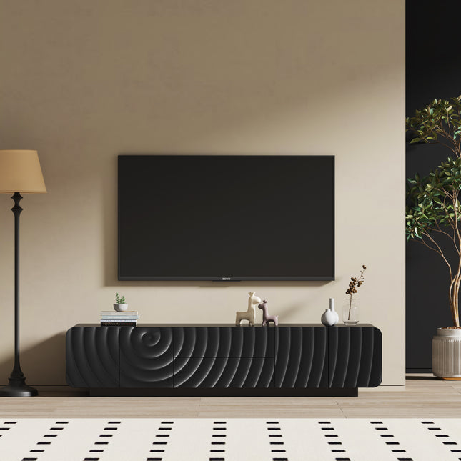70''Tv Console With Modern Unique Spiral Wave Design With Storage Cabinet And 2 Drawers Tv Stand For Living Room, Bedroom, Black