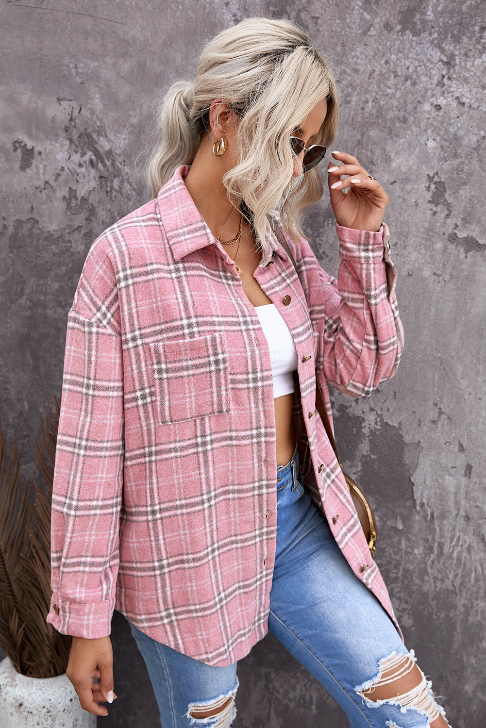 Wholesale Pink Plaid Casual Button Up Shirt Shacket with Slits - Eloy Royal