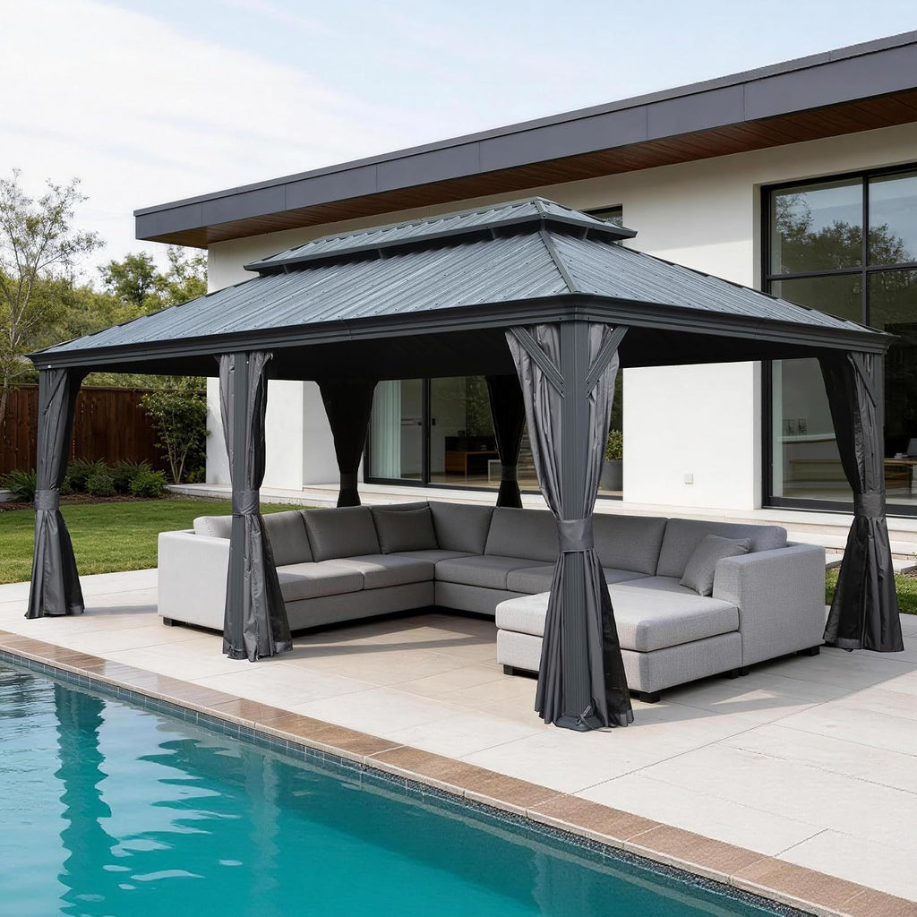 12x24FT Outdoor Gazebo, Hardtop Gazebo with Galvanized Steel Double Roof, Metal Gazebos with Drainage System Patio Pergola for Patio Deck Backyard,Curtain and Netting,Gray