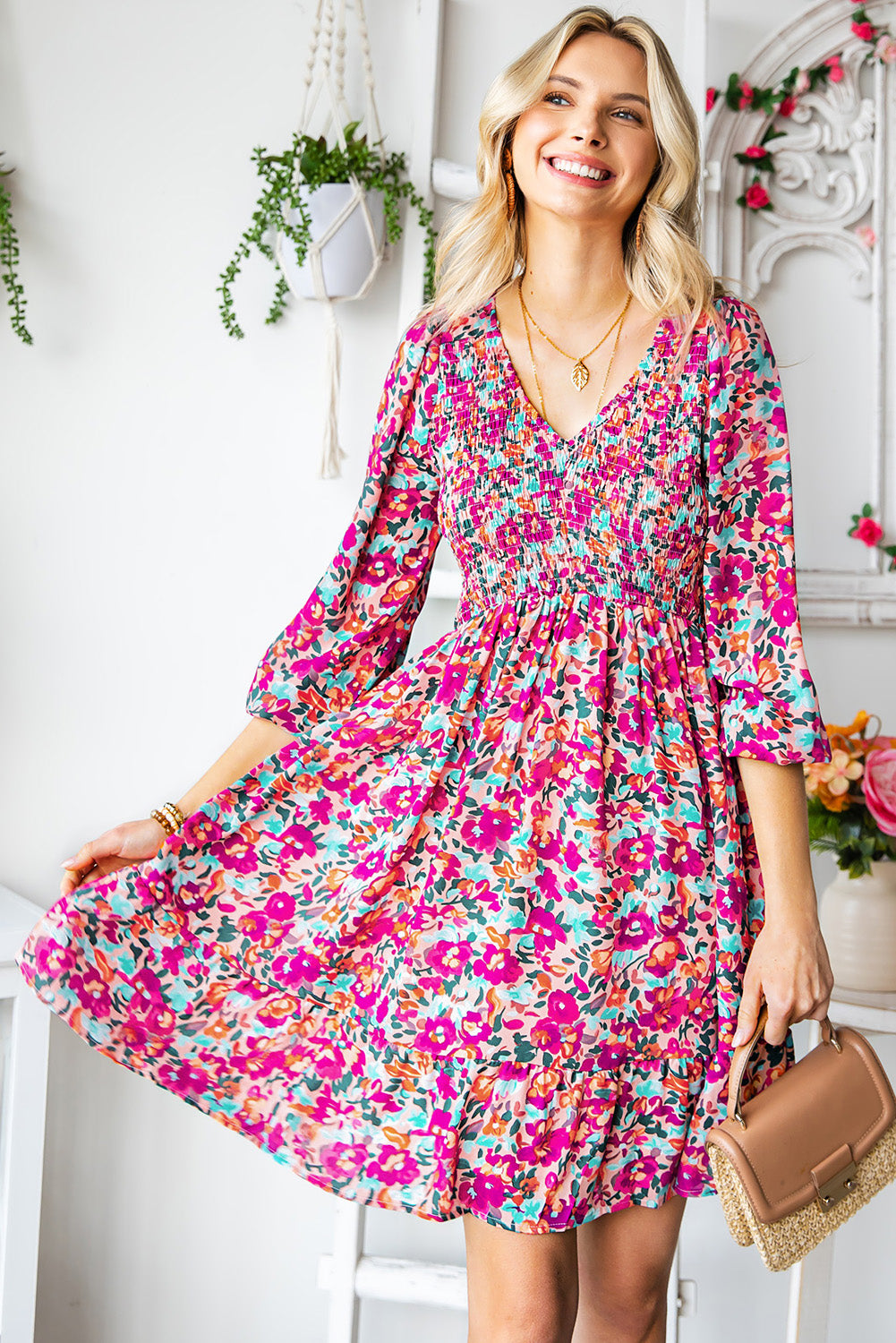 Purple Floral Print Long Sleeve Flounce Hem V Neck Smocked Dress - Eloy Royal