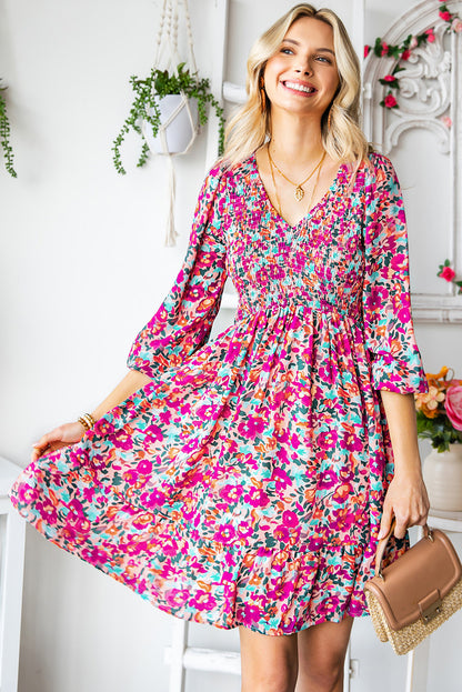 Purple Floral Print Long Sleeve Flounce Hem V Neck Smocked Dress - Eloy Royal