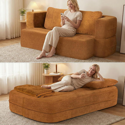 Convertible Sofa Bed with Blanket, Boneless Cloud Couch Queen Scott Fabric for Living Room Bedroom, 
Modular Loveseat with High-Density Solid Sponge No Assembly,Brown.