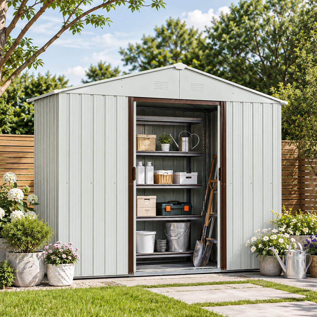 8ft x 4ft Outdoor Metal Storage Shed with metal foundation White(W54071038)