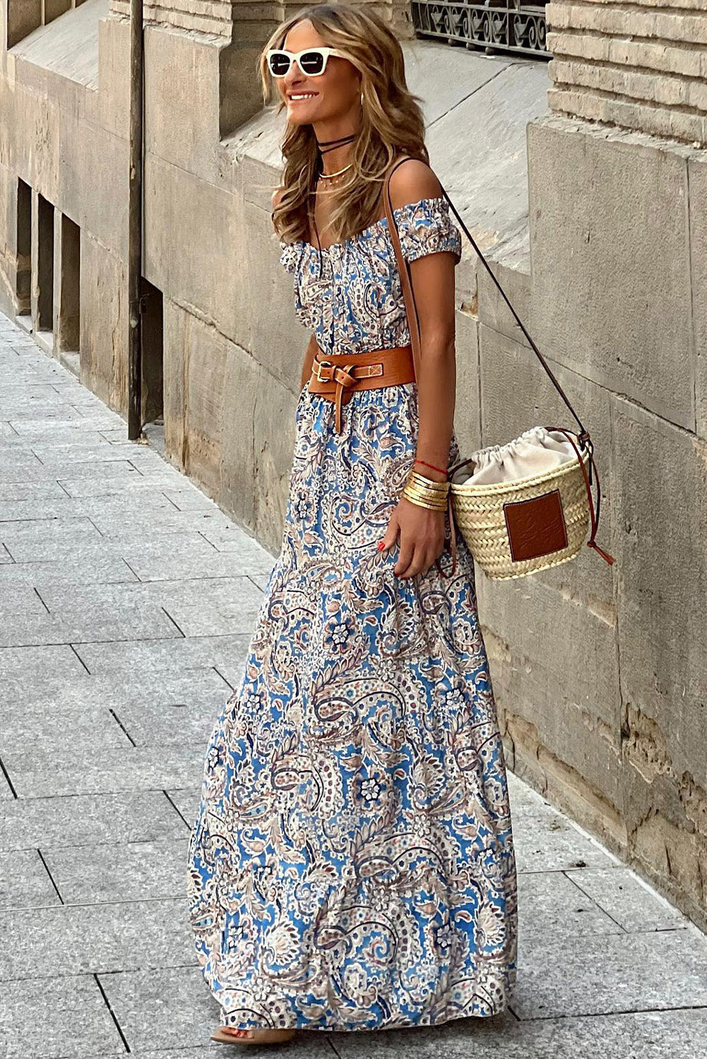 Blue Boho Paisley Print Off Shoulder Maxi Dress - Eloy Royal