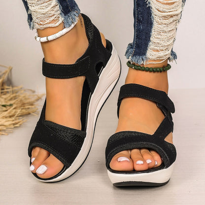 Velcro-design Sports Sandals Summer Color-blocked Wedges Breathable Mesh Shoes Summer Fish Mouth Sandals For Women - Eloy Royal