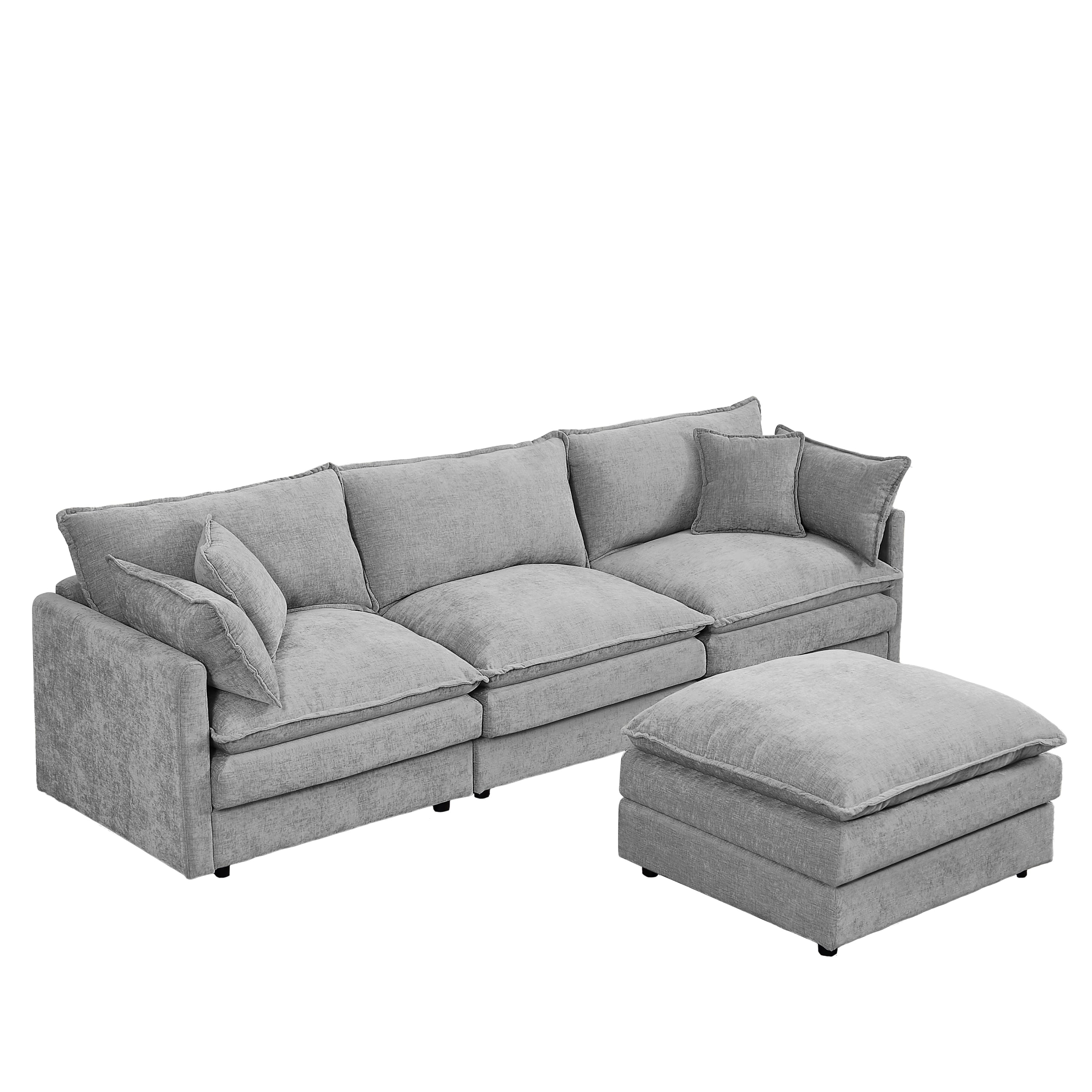Contemporary Modular Sectional Sofa L Shaped Couch Set with Movable Ottoman, Chenille, Grey, 102 Inch