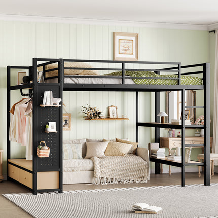 Queen size Loft Bed Frame with Wardrobe,Metal Loft Bed with Storage Shelves and Pegboard,Black W00259AAB-2