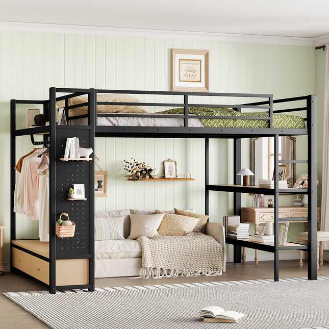 Queen size Loft Bed Frame with Wardrobe,Metal Loft Bed with Storage Shelves and Pegboard,Black W00259AAB-2