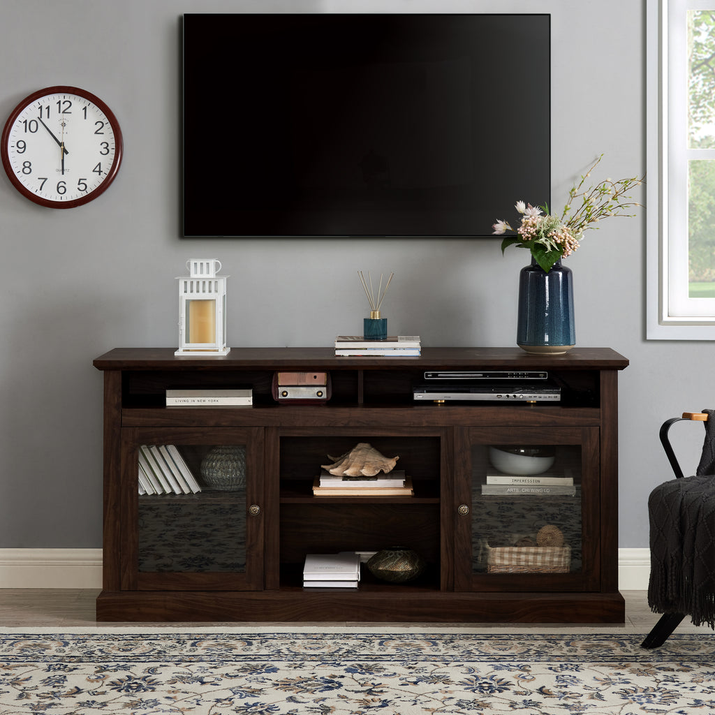 Contemporary TV Media Stand Modern Entertainment Console for TV Up to 65' with Open and Closed Storage Space, Brown, 60'W*15.75'D*29'H