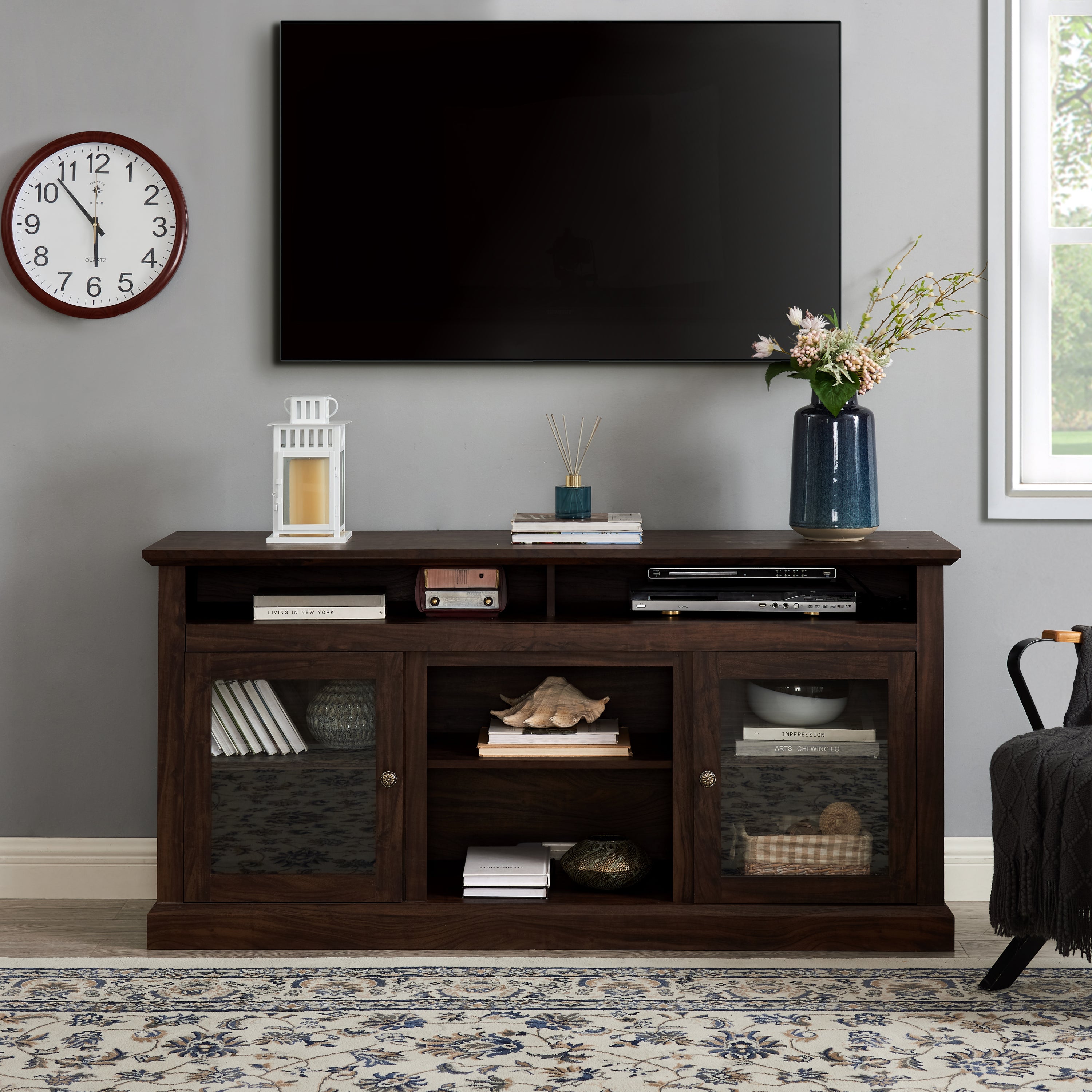 Contemporary TV Media Stand Modern Entertainment Console for TV Up to 65' with Open and Closed Storage Space, Brown, 60'W*15.75'D*29'H