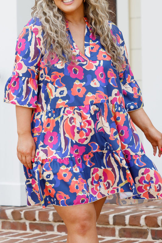 Blue Plus Size Floral Print Bell Sleeve Mini Dress - Eloy Royal