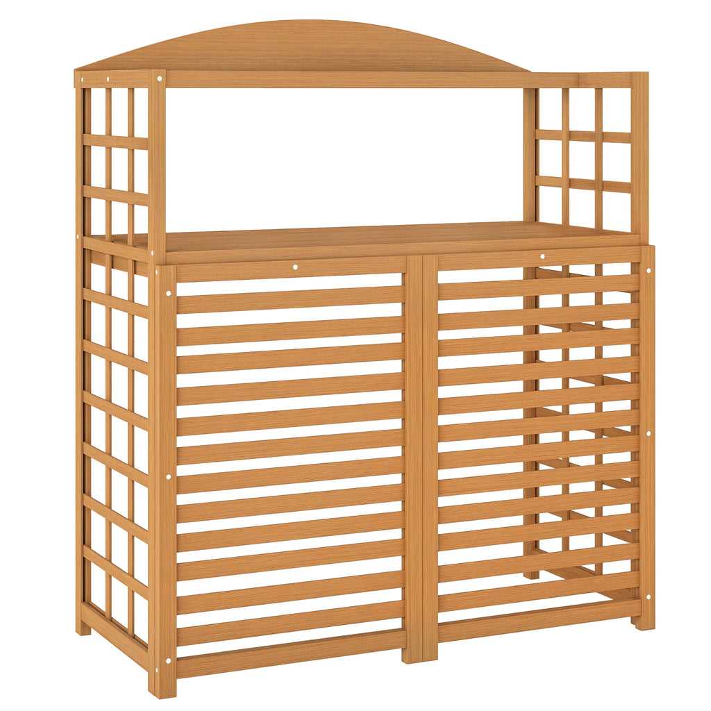 Outsunny Wood Air Conditioner Fence, Outdoor Privacy Screen Potting Table with Shelves, Pool Equipment Enclosure AC Fence for Patio, Light Brown